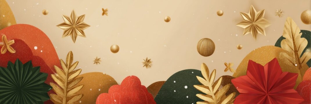 This vibrant artwork in red, green, and gold captures festive foliage and stars, evoking joy for gatherings and special occasions.