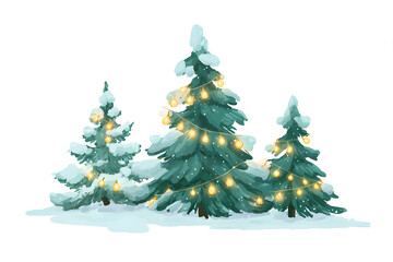 Fototapeta premium Snow-covered pine trees with lights, peaceful winter forest illustration.