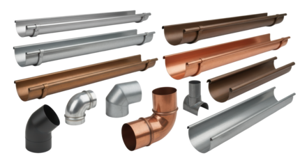 Assorted Metal And Copper Gutter Sections And Elbows With Downspout Adapter Isolated On A Transparent Background