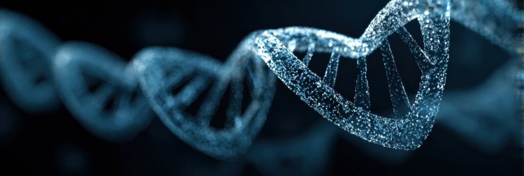 This captivating DNA helix displays a sparkling structure, floating gracefully against a deep black background, showcasing its intricate design and beauty. - Powered by Adobe