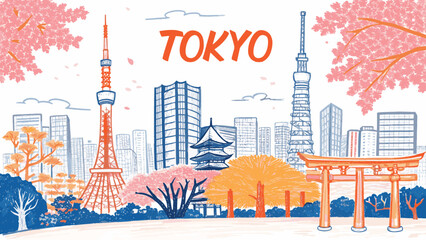 Tokyo Skyline with Mount Fuji, Tokyo Tower, Skytree and Shibuya Crossing &ndash; Cultural Urban Landscape for Japan Tourism, Travel Poster, Editorial and Commercial Use