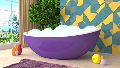 Purple Bathtub with Bubbles in Modern Bathroom