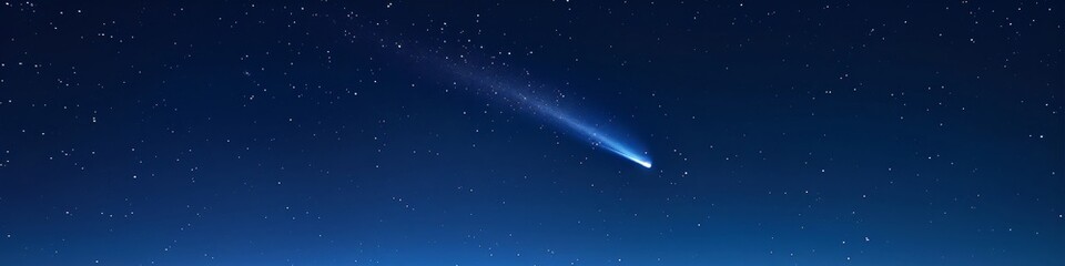 Fototapeta premium Bright comet with a long tail streaking across the dark night sky. Galactic deep space panorama. Celestial discovery and universe exploration concept.