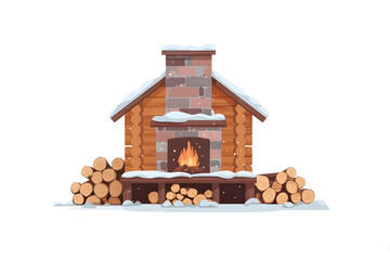 Warm fireplace interior with stacked wood winter cozy home scene.