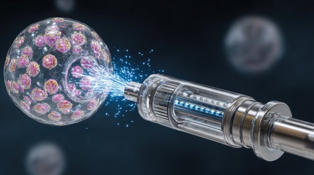 A scientist uses a precise tool to inject a liquid into a transparent cell filled with vibrant pink structures, showcasing advanced research in a lab setting.