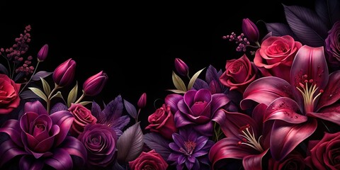 Dark mysterious floral wallpaper with deep red roses and purple lilies on a black background