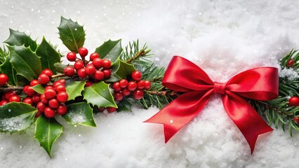 Evergreen holly branches adorned with vibrant red berries and a elegant bow on a crisp white background