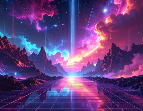 Vivid landscape with neon hues, mountains, and a futuristic grid