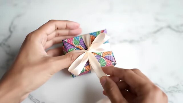Video Handcrafting patterned paper gift box tying ribbon bow tutorial