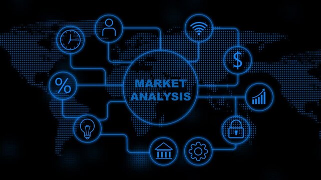 Market Analysis Concept with Global Network and Icons on Dotted World Map Background image photo - Powered by Adobe