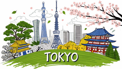 Tokyo Skyline with Mount Fuji, Tokyo Tower, Skytree and Shibuya Crossing &ndash; Cultural Urban Landscape for Japan Tourism, Travel Poster, Editorial and Commercial Use