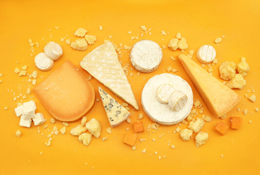 Colorful mix of cheese varieties: brie and camembert, blue gorgonzola and parmesan, gauda and cheddar. Food ingredients background