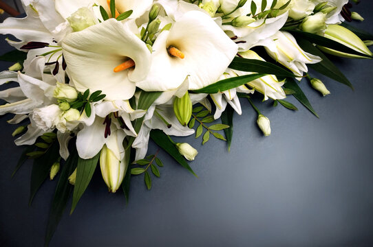 White delicate calla lily flowers composition, condolence flower background card, funeral concept image, selective focus, shallow DOF