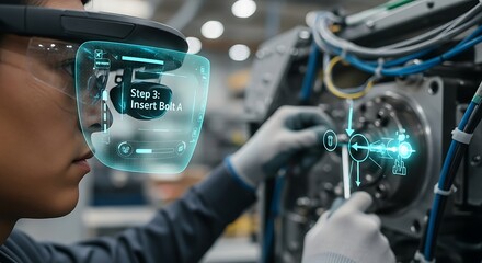 Engineer uses augmented reality headset to repair complex machinery in factory setting, showcasing future of industrial maintenance and technological advancement.