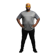 Fototapeta premium Man poses confidently wearing gray t-shirt and dark pants under colorful lighting isolated on transparent background