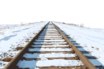 Fototapeta premium Cozy winter railway covered with snow, calm seasonal landscape illustration.