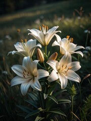 Obraz premium Delicate white lily flowers in a lush green meadow
