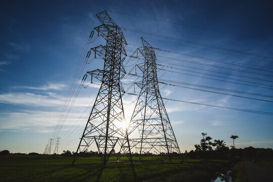 Electricity transmission pylon, high voltage power lines tower