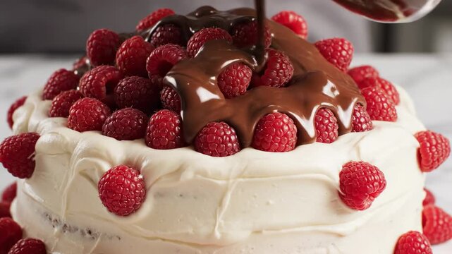 Making chocolate raspberry cake close-up video.
