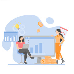 Illustration of character and growth of digital finance or financial system analysis.