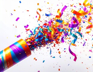 Confetti bursting from a colorful party popper on white background