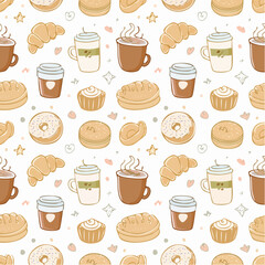 Coffee and Dessert Pattern: Cozy Seamless Design with Cups, Donuts, Cupcakes, and Coffee Beans for Caf&eacute;, Bakery, and Sweet Lovers Aesthetic
