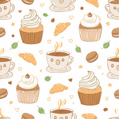 Coffee and Dessert Pattern: Cozy Seamless Design with Cups, Donuts, Cupcakes, and Coffee Beans for Caf&eacute;, Bakery, and Sweet Lovers Aesthetic
