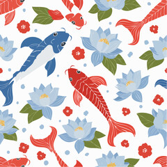 Koi Fish and Lotus Flower Pattern: Elegant Red and Blue Japanese Inspired Design Symbolizing Harmony, Peace, and Prosperity in Nature koi
