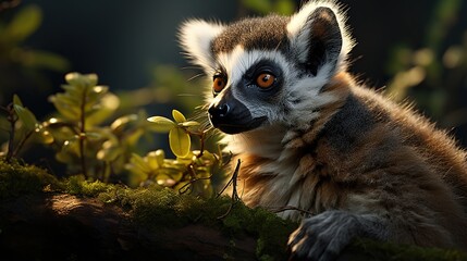 Obraz premium Ring-tailed Lemur in Lush Green Forest with Sunlight and Shadow Play