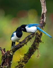 Two magpies, black and white birds with blue tails, on a mossy branch