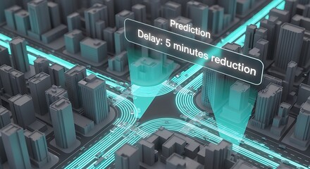 Smart city technology predicts traffic flow in urban environment with digital overlay showing delay reduction for efficient transportation and future planning.