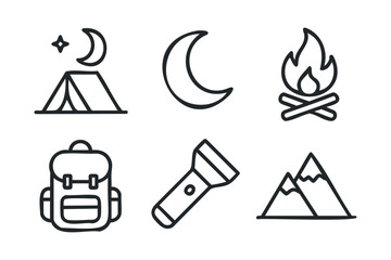 Fototapeta premium Camping adventure essentials for outdoor enthusiasts and nature lovers. Set of 6 vector illustration