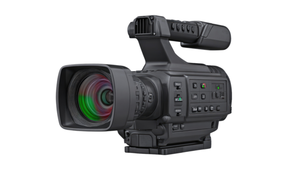 Professional video camera, dark gray, with large lens