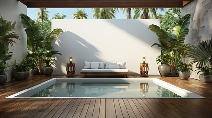 Serene backyard oasis with a pristine swimming pool surrounded by lush tropical plants and a minimalist daybed.