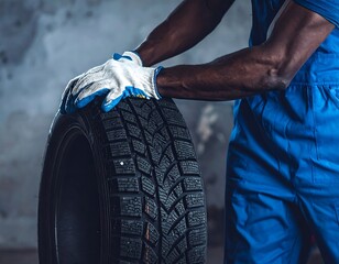 Skilled mechanic in blue overalls meticulously inspects a rugged winter tire, ensuring peak performance and safety for your vehicle.