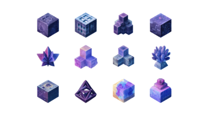 Pixel art collection of various abstract, geometric shapes in shades of purple and blue
