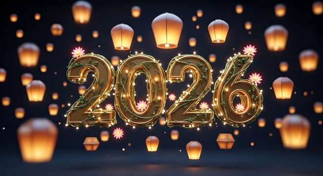 Golden 2026 New Year celebration with glowing lights and floating sky lanterns.