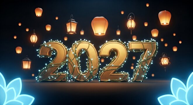 Golden 2027 New Year celebration with glowing string lights and floating lanterns.