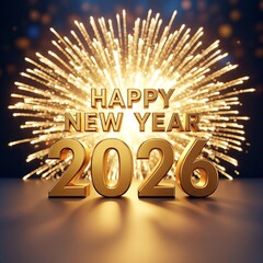 Happy New Year 2026 golden text with festive fireworks celebration.