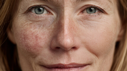 Close up of irritated skin on female face with redness and rosacea