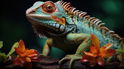 Fototapeta premium Striking Close-Up of a Blue and Orange Iguana Perched on a Branch Amidst Vibrant Orange Flowers