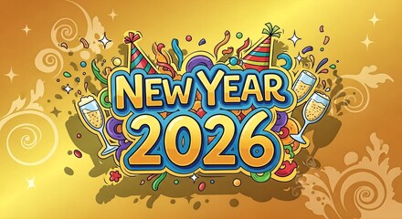 Vibrant New Year 2026 celebration banner with party elements.