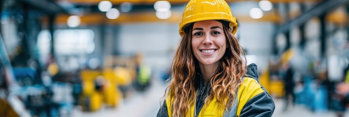 A cheerful female worker wearing a yellow hard hat and safety jacket stands confidently in a bustling industrial environment, surrounded by machinery.