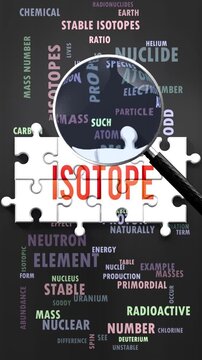 Isotope under magnifying glass, being researched, studied and examined. Most important subjects and ideas closely related to isotope written around a puzzle to symbolize complexity of isotope.