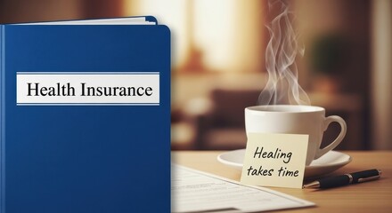 A blue insurance folder next to a cup of coffee with a positive note