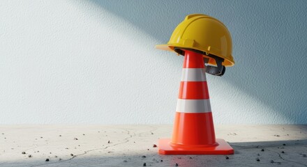A construction helmet sitting on an orange safety cone