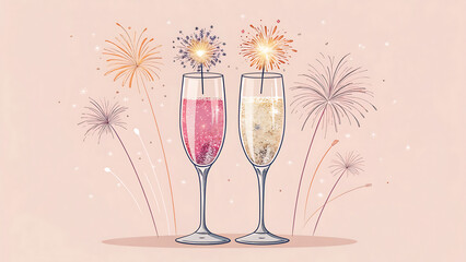 Elegant champagne toast with fireworks, a festive illustration for celebrations, new years eve, and special occasions isolated on white background