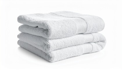 Stack of clean white fluffy towels, isolated on a white background. Perfect for spa, hotel, and bathroom concepts.