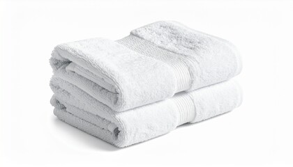 Stack of clean white fluffy towels on a white background, perfect for spa, hotel, or bathroom concepts