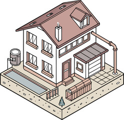 Green smart home with sewage treatment system illustration. Isometric cartoon promoting sustainability, eco innovation, and water conservation environment concept.